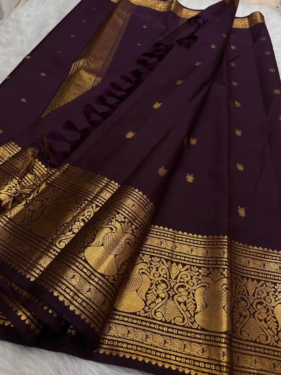 Dark Eggplant Kanchipuram Handloom Bridal Silk Saree
